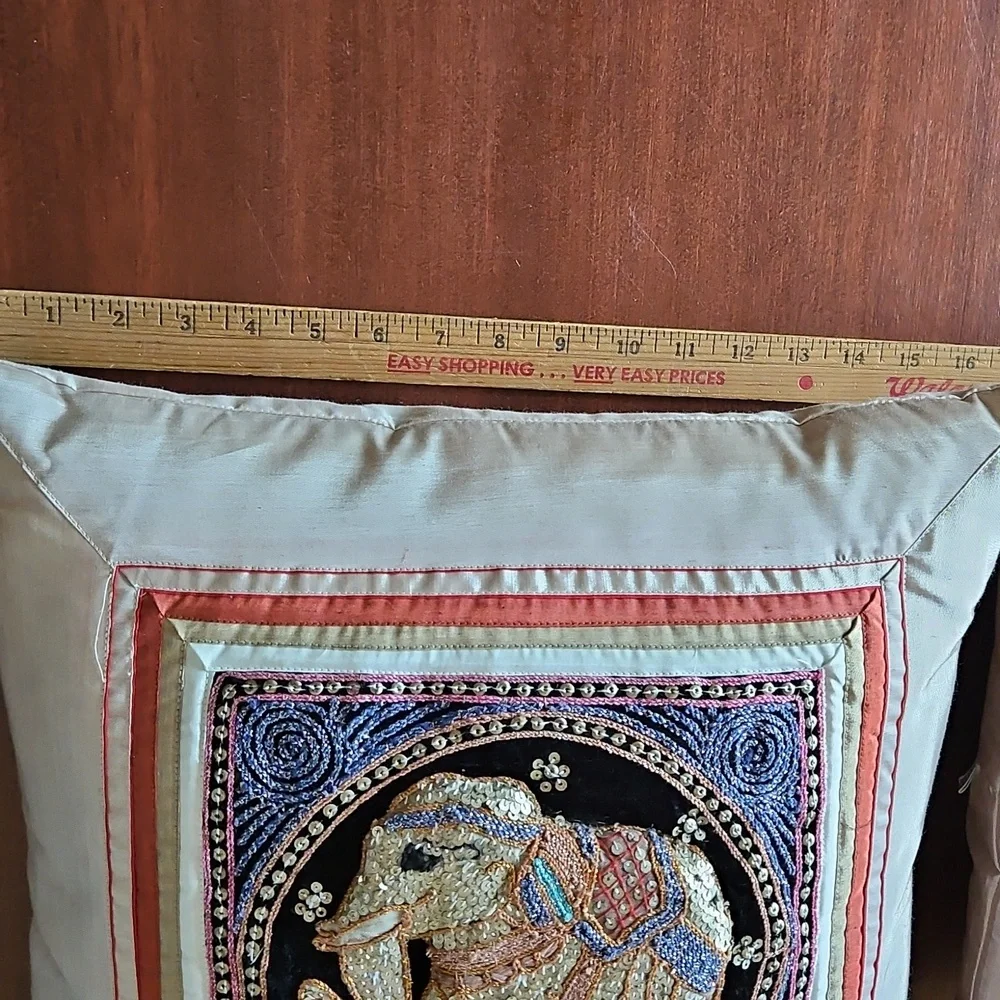 Throw Pillow Cover Set Elegant Thai Elephant Sequin Embroidered Set - 1980's